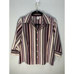 Apt. 9 Womens Petite M Button-Up Striped Shirt In Purple & Cream 3/4 Sleeves
